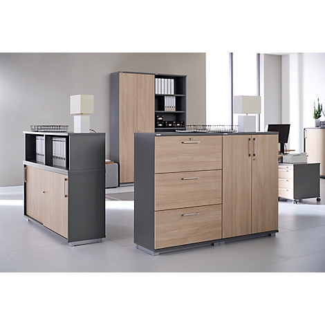 Mobilier de bureau aspect bois avec des accents sombres, bien éclairé. Armoires, commodes et étagères avec dossiers et fournitures de bureau.