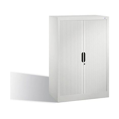 Système d'armoires blanc avec portes rainurées et poignée noire.