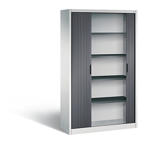 Armoire de bureau grise avec portes coulissantes et étagères, sur fond blanc.