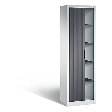 Une armoire de bureau blanche avec une porte roulante grise, ouverte. Des étagères sont visibles derrière.