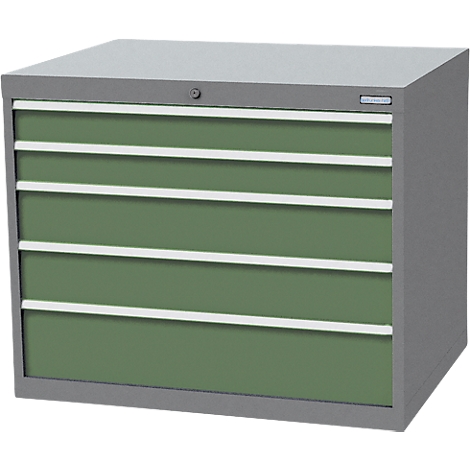 Armoire à outils grise avec tiroirs verts et poignées blanches.