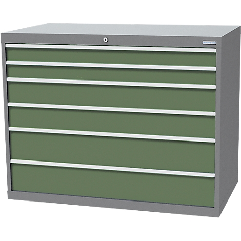 Armoire en acier vert avec 5 tiroirs. Cadre gris et poignées argentées.