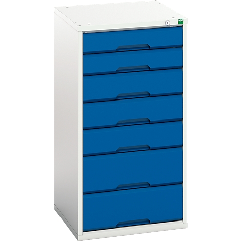 Classeur blanc avec six tiroirs bleus, une serrure et des touches de vert.