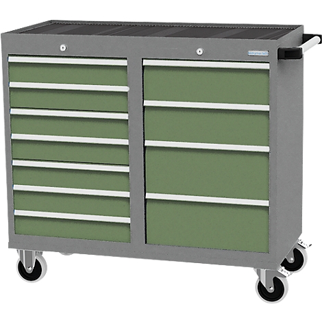 Chariot à outils gris avec tiroirs verts et poignées blanches. Quatre roues assurent la mobilité. Tablette supérieure.