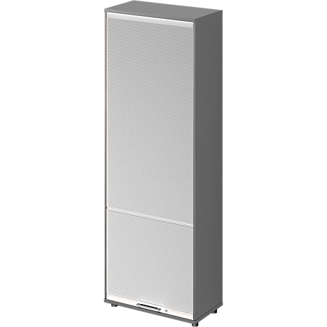 Armoire blanche, cadre gris. Motif à lattes verticales, divisé par une ligne horizontale.
