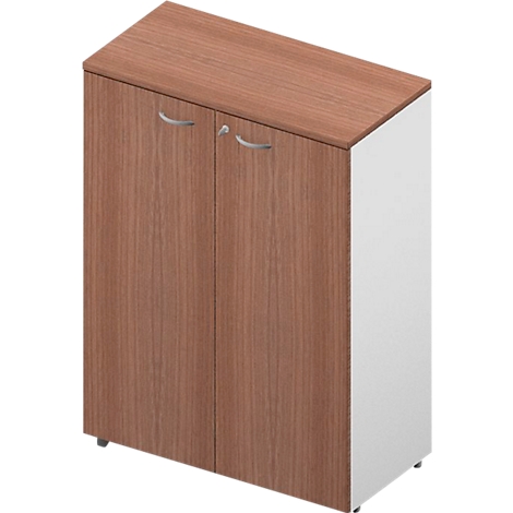 Une armoire avec des portes marron et des panneaux latéraux blancs. Deux poignées de porte et une serrure sont visibles.