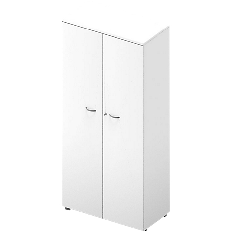 Armoire blanche à deux portes et poignées incurvées. Sur fond neutre.