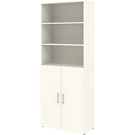 Bibliothèque blanche avec portes et étagères.