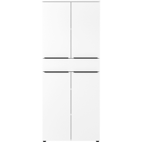 Une armoire blanche avec quatre portes, un tiroir et de petits pieds noirs.