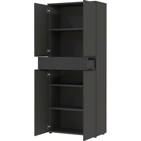 Armoire sombre avec portes ouvertes, tiroir et étagères. Détails : charnières, couleur sombre.