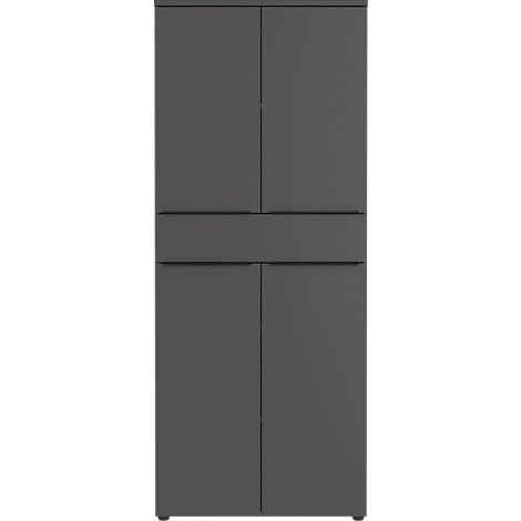 Une armoire grise avec quatre portes et un tiroir au milieu.