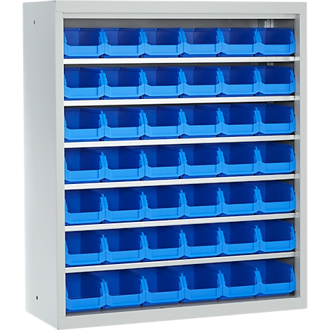 Une étagère blanche avec de nombreux bacs de rangement bleus. Les bacs sont disposés en rangées.