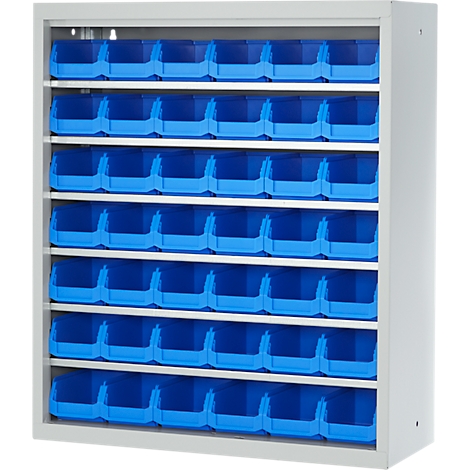Une armoire blanche avec de nombreux conteneurs bleus disposés dans des étagères.