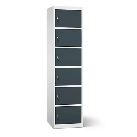 Une armoire blanche avec six portes grises, chacune avec une clé.