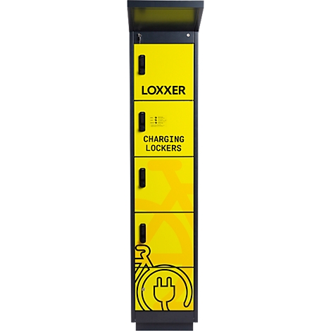 Casiers de recharge jaunes avec la marque Loxxer et le symbole de recharge.