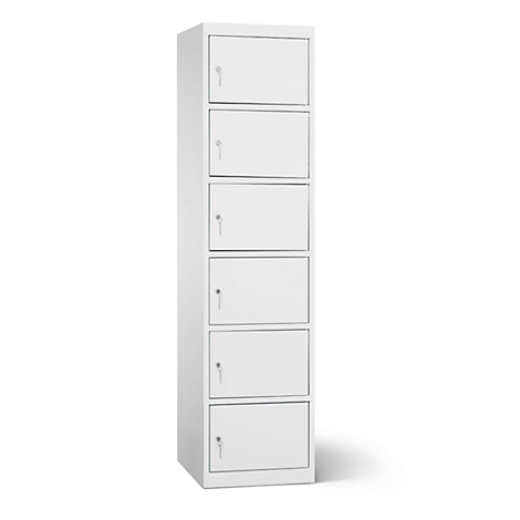 Armoire blanche à six compartiments avec clés.