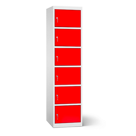 Une haute armoire blanche avec six portes rouges et des clés. L'armoire se dresse sur fond blanc.