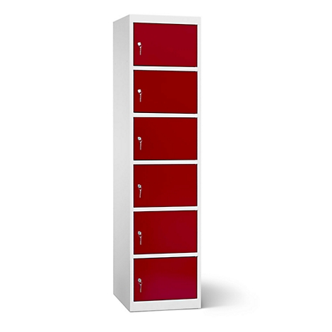 Une armoire avec six portes rouges et des clés argentées, cadre blanc. L'armoire se dresse sur un fond blanc.