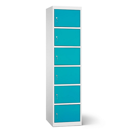 Un grand casier blanc avec six portes turquoise. Chaque porte a une serrure.