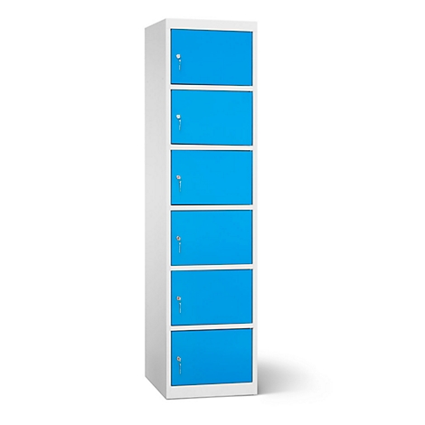 Une armoire haute, blanche, avec six portes bleues et des trous de serrure.
