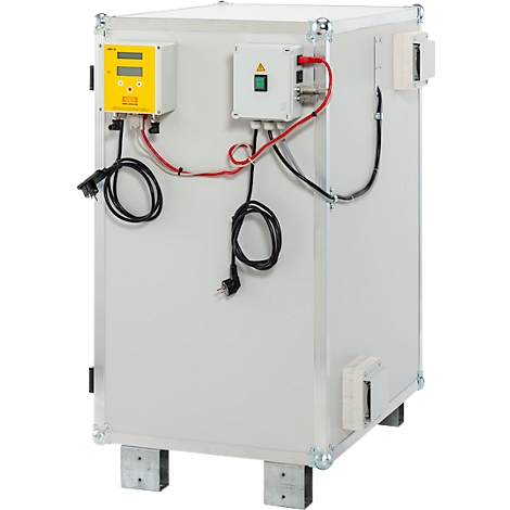 Armoire de commande blanche avec commandes jaunes et blanches, câbles et prises.