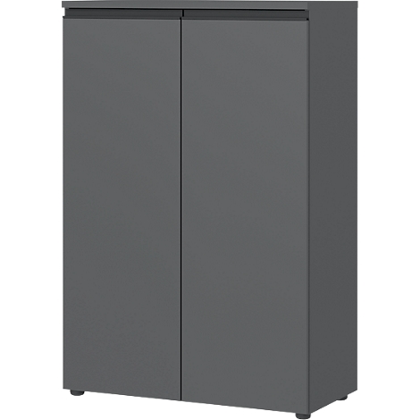 Une armoire grise avec deux portes et un cadre plus sombre.
