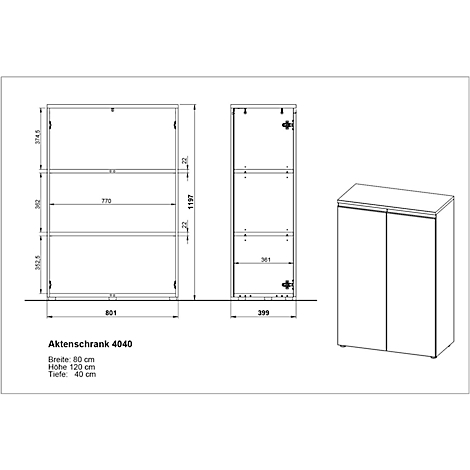 Dessin technique d'une armoire de classement 4040, avec dimensions et vues sous différents angles.