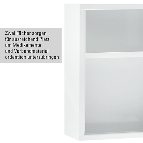 Armoire murale blanche avec deux compartiments, texte : Deux compartiments offrent de l’espace pour ranger les médicaments et les bandages.