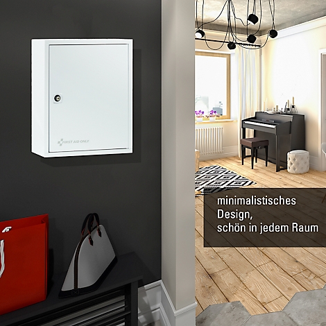 Armoire blanche sur un mur gris. En arrière-plan, un salon ouvert avec un piano. Texte : "design minimaliste, beau dans chaque pièce."