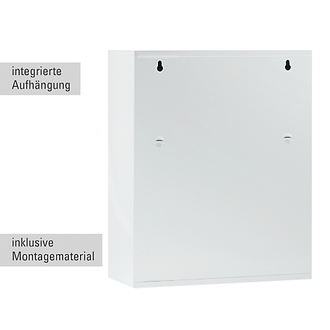 Une armoire blanche montrant le dos. Texte : suspension intégrée, matériel de montage inclus.