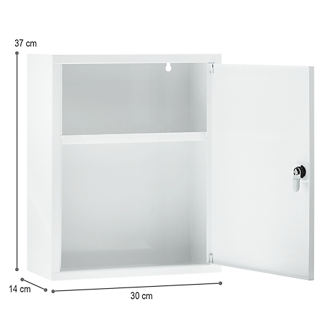 Armoire murale blanche avec porte ouverte. Les dimensions sont indiquées.