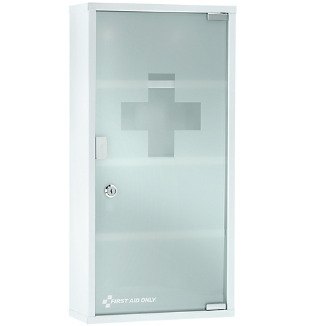 Armoire de premiers soins blanche avec porte vitrée et croix. Inscription 'FIRST AID ONLY'.