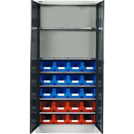 Armoire grise avec portes ouvertes remplie de conteneurs bleus et rouges.