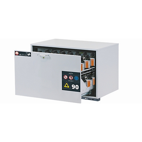 Armoire de sécurité blanche avec porte ouverte. A l'intérieur de l'armoire se trouvent de nombreuses bouteilles avec des étiquettes. Des panneaux d'avertissement sont apposés sur la porte.