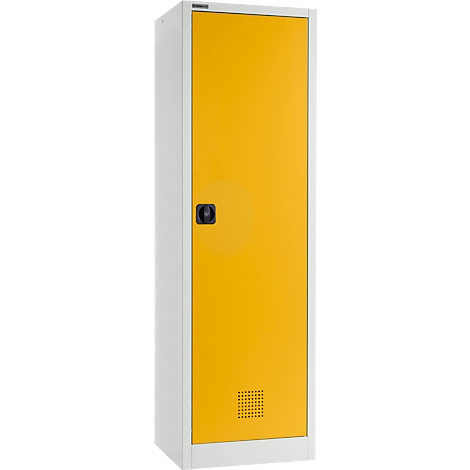 Casier blanc avec porte jaune. Poignée noire et fentes de ventilation en bas.