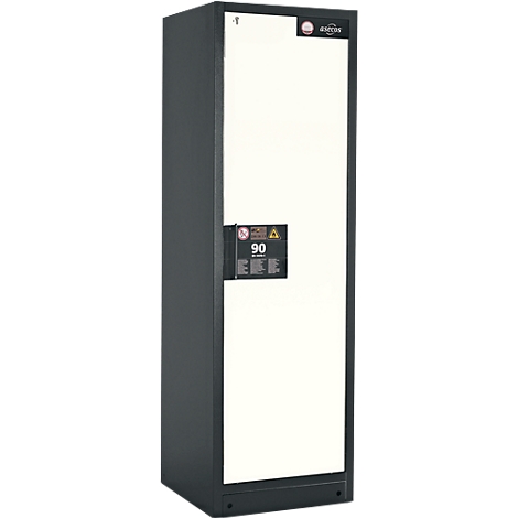 Armoire en acier grise avec porte blanche. Logo en haut à droite, panneau d'avertissement à gauche.
