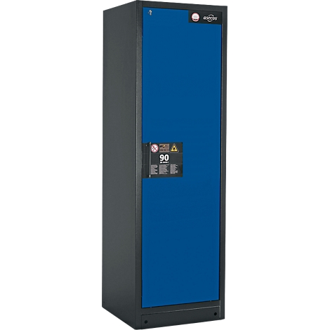 Une armoire grise avec une porte bleue, un cadre noir et des panneaux d'avertissement.