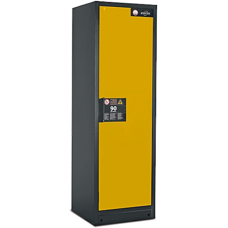 Une armoire de sécurité jaune et grise avec une poignée noire et l'inscription "90".
