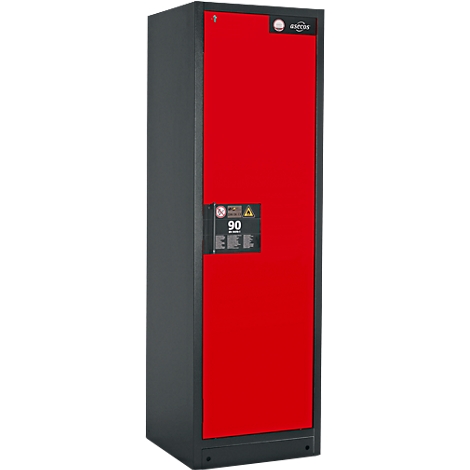 Une armoire grise avec une porte rouge, avec un panneau indiquant '90'.