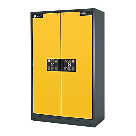 Armoire jaune et grise à doubles portes et poignée noire. Les deux portes affichent un signe "90".