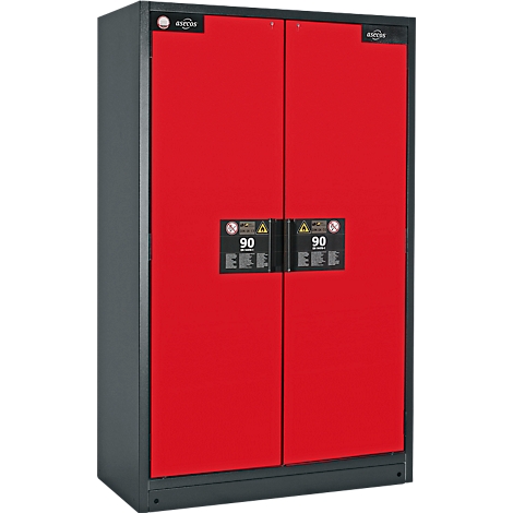 Armoire de protection incendie rouge avec détails noirs et l'inscription '90'.