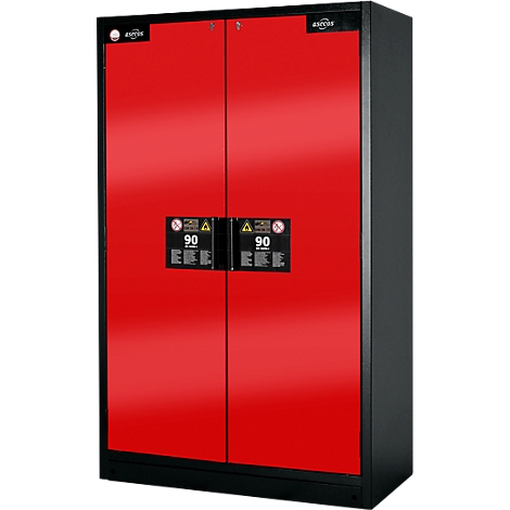 Armoire de protection incendie rouge avec cadre et poignées de porte noirs. Panneau avec l'inscription "90" et symboles d'avertissement.
