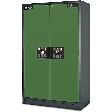 Armoire verte à deux portes avec panneaux d'avertissement. L'armoire est un produit.