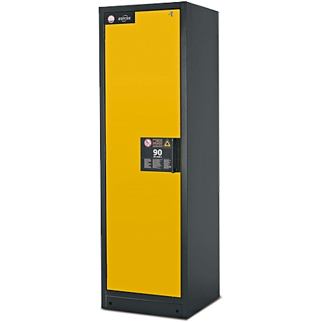 Armoire de sécurité jaune et grise avec le numéro "90".