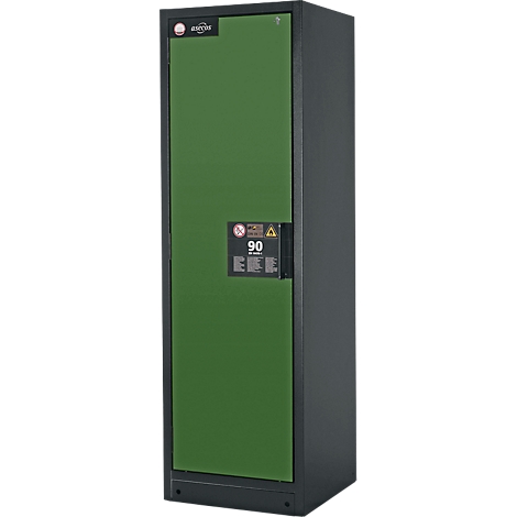 Armoire de sécurité haute, vert foncé. Panneau d'avertissement avec la désignation 90 sur la porte. Cadre noir. Rectangulaire.