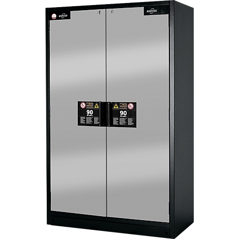 Armoire grise à deux portes, cadres noirs, enseignes et autocollants.