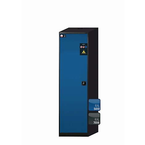 Armoire électrique bleue avec cadre noir. Référence couleur : RAL 5010, RAL 7016.