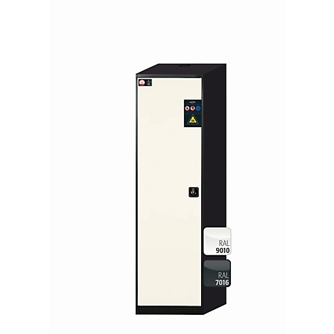 Une armoire avec une porte de couleur crème et un cadre noir. Sur le côté droit, des échantillons de couleurs portant les désignations RAL 9010 et RAL 7016.