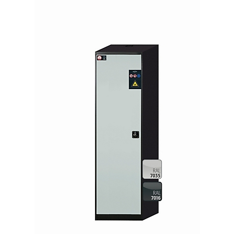 Une armoire électrique grise clair et noire. Une poignée et des panneaux d'avertissement sont visibles sur la porte. Échantillons de couleurs : RAL 7035 et RAL 7016.
