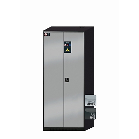 Armoire avec portes argentées, cadre noir et éléments de commande. Références de couleur à droite: 'asecos SILVER' et 'RAL 7016'.